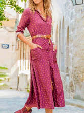 Vestido de manga larga con cinturón y bolsillo estampado